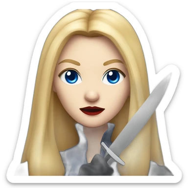beautiful vampire spy woman with long blonde hair and blonde straight bangs and blue eyes wielding knives serious expression sticker