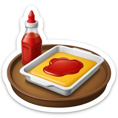 a small tray have 2 sides, ketchup and mustard sticker