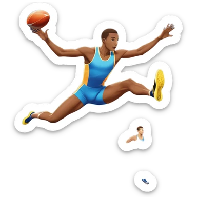 An icon showcasing  a sprinter in full speed, a high jumper soaring over the bar, a long jumper taking off, and a discus thrower in motion. The background features a vibrant stadium with cheering crowds, bright lights, and a clear sky.  sticker