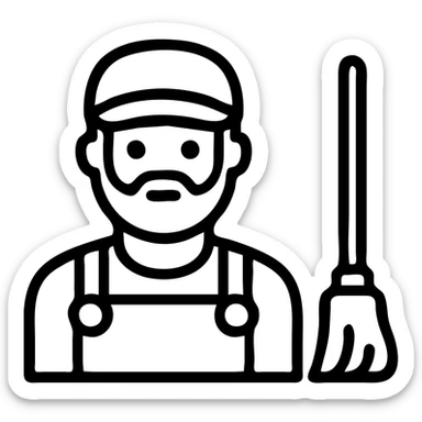 janitor man with gray hair and beard, mop beside, iconic and simple style sticker