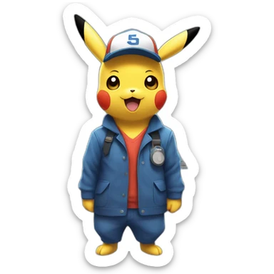 pikachu in blue train station manager suit wearing blue cap with pokemon symbol sticker