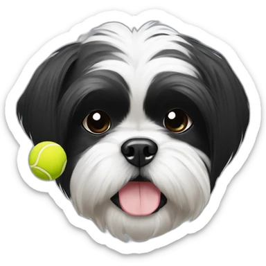 shih tzu dog black and white with a tennis ball in mouth sticker