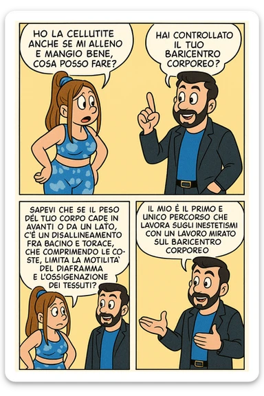 TRASFORMA QUESTO CAROSELLO IN UN FUMETTO STILE FUMETTO TOPOLINO CON QUESTE DUE PERSONE IDENTICHE CHE INTERLOQUISCONO TRA LORO:

LEI: Ho la cellulite anche se mi alleno e mangio bene, cosa posso fare?

LUI: Hai controllato il tuo baricentro corporeo?
LUI: Sapevi che se il peso del tuo corpo cade in avanti o da un lato, c’è un disallineamento fra bacino e torace, che comprimendo le coste, limita la motilità del diaframma e l’ossigenazione dei tessuti?
LUI: Il mio è il primo e unico percorso che lavora sugli inestetismi con un lavoro mirato sul baricentro corporeo. sticker