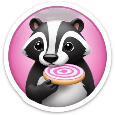 A badger with a white cookie with pink Swirl sticker