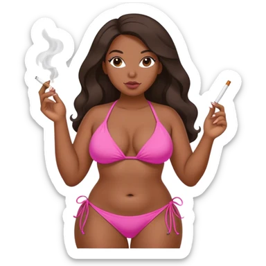 Curvy black long hair in pink bikini body sfw pose, smoking sticker