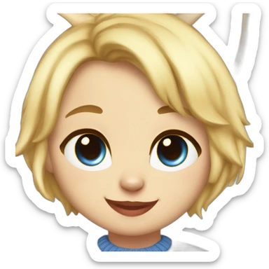 blonde-haired cat girl massive bright red eyes, cat smile, wearing a white sweater and a blue skirt sticker