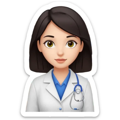 girl working in a pharmacy, dark hair, dark eyes, very sunny, bright expression sticker