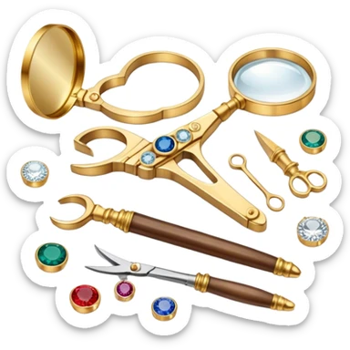 Create an icon that represents the art of jewelry making. The design should include a jeweler's workbench, tools like pliers, a magnifying glass, and various precious materials such as gemstones, gold, and silver. Feature a partially crafted piece of jewelry, like a ring or necklace, showcasing intricate details and craftsmanship. The composition should evoke elegance and precision, reflecting the skill and artistry of jewelry making. The background should be transparent. sticker