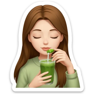 White girl with long  brown hair eyes closed enjoying matcha drink  sticker