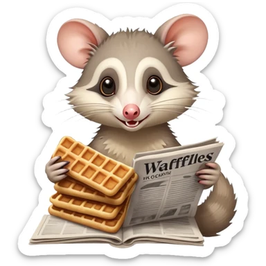 opossum eating waffles and reading newspaper  sticker