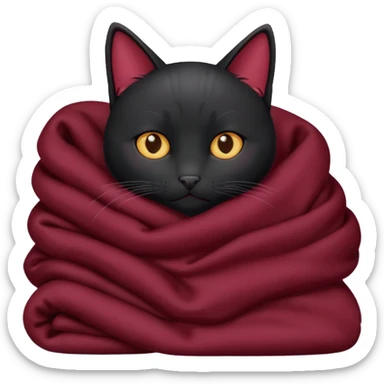 Black cat cuddling with marroon blanket sticker