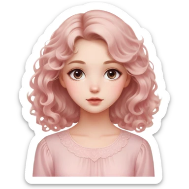 A portrait of a beautiful girl with soft curls, wearing a light pink blouse and soft makeup. She has an ethereal, dreamy expression, with a blurred floral backdrop sticker