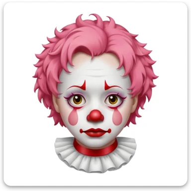 close-up portrait of a sorrowful clown emoji, white face paint, red nose, minimalist makeup, single tear, short curly pastel pink hair, simple ruffled collar, soft lighting, polished finish, white background sticker