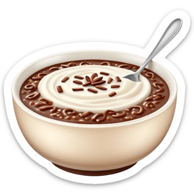 realistic emoji of champorado, chocolate rice porridge in a bowl, glossy surface, creamy milk swirls, and a spoon, highly detailed and lifelike sticker