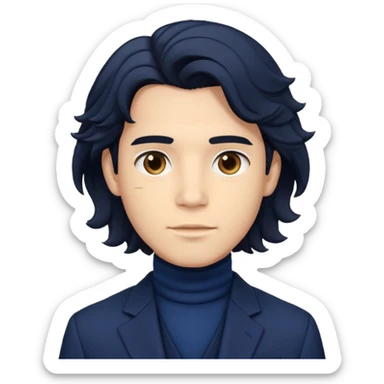 young gentleman emoji, wavy black hair, wearing a blazer and turtleneck, confident look sticker