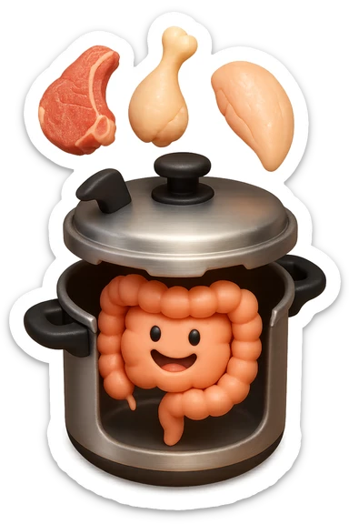 emoji stile iphone in 3d di una pentola a pressione dentro cui cadono agnello, pollo, tacchino crudi e un intestino umano felice da cuocere, iperrealistico 4k sticker