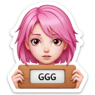 girl with pink hair, big sign, sign says GG sticker