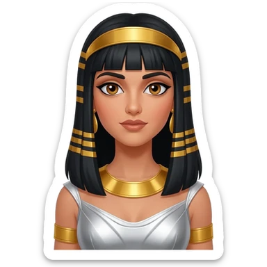 Cleopatra from Rome Mythology with hazel eyes, long black hair, white metallic sheath dress, gold collar and earrings, gold diadem sticker