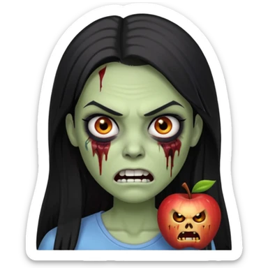 девушка зомби с темными длинными прямыми волосами, с черными макияжем глаз, тонкими бровями, со злым выражением лица и ровными белыми зубами в стиле Apple avatar sticker