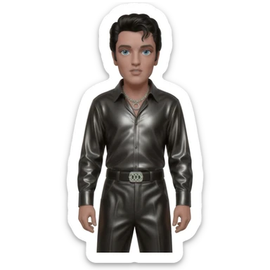 Elvis Presley with blue eyes, black hair, black metallic shirt, black metallic baggy pants, silver necklace sticker