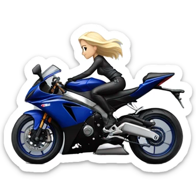 Blonde girl on a dark blue and silver Yamaha R6 side view sticker