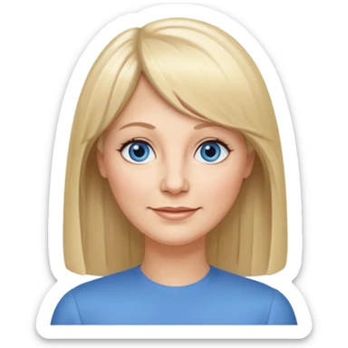 50 yr old white woman, center part bangs, very long straight blond hair, oval face, small smile, blue eyes, thin face, hair downback, hair parted at center of head, round cheeks, pale, longer hair sticker