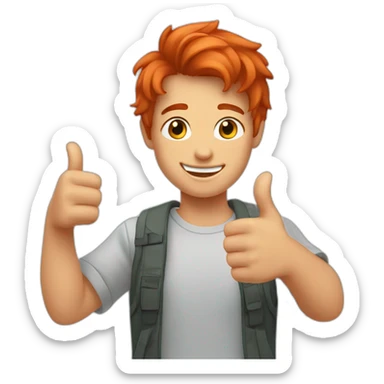 a young man with short red hair smiling and giving a thumbs up sticker