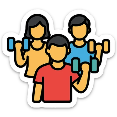 group of gym buddies lifting weights, minimal and recognizable icon style sticker
