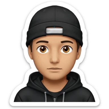 Guy wearing a black hoodie and a black cap his eyes hunter eyes brown and his skin white but tanned  sticker