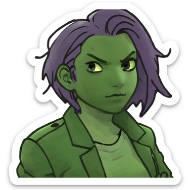 Man with stylish green jacket and purple hair, strong pose, bold expression, modern clothing style sticker