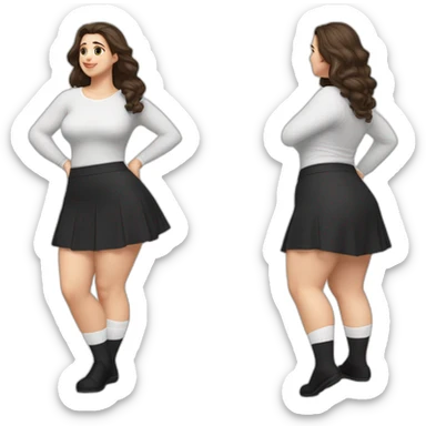 full-body-caucasian-curvy-beauty-кланяется-short-black-skirt-back-and-front-views-strong-wind-knickers-long-white-socks sticker