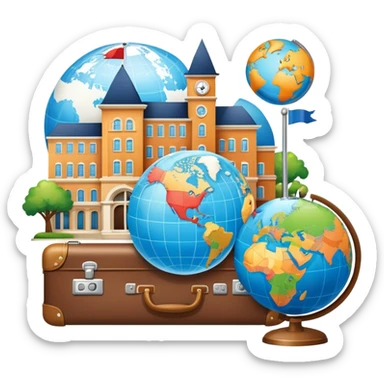 An icon featuring a suitcase, a globe, and a hotel building, symbolizing tourism and hospitality studies. The design includes a map and compass, representing travel research and industry analysis. Transparent background sticker