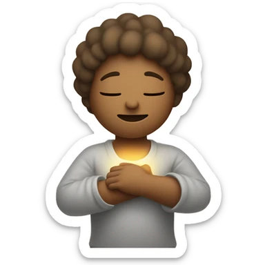 “Minimalist figure hugging itself with arms crossed over the chest, a soft face showing closed eyes and a gentle smile, and a glowing circle at the chest symbolizing love and healing.” sticker