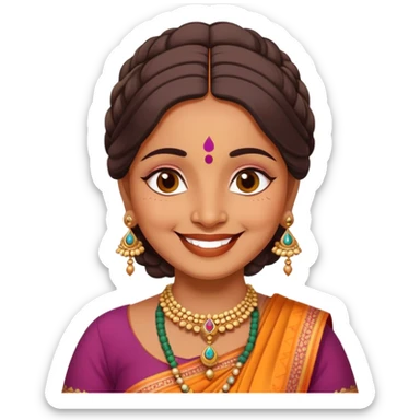A cheerful Indian aunt (mausi) character with a plump face, smiling, wearing traditional Indian clothing and a bindi sticker