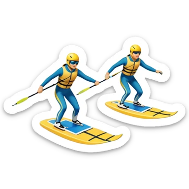 A humanless icon showing a close-up pair of water skis skimming across the surface of a lake in motion. The design includes a wake behind splashing water, and the sun reflecting on the water. Transparent background highlights the speed and thrill of water skiing. sticker