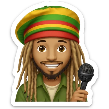 Emoji sticker of reggae artist Anthony B 🧔🏾‍♂️ with dreadlocks, Rasta hat 🟥🟨🟩, smiling and holding a mic 🎤. Text says 'Big Up Anthony B!' in bold reggae font 💥🔥✊🏾 sticker