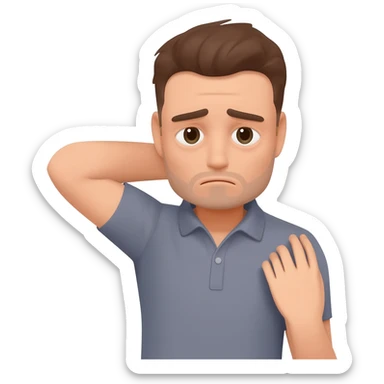 A man who is depressed with his left arm draped over his head so the inside of his left elbow is on his head and his left hand is touching his right shoulder sticker