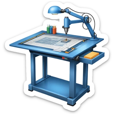 An icon featuring an engineering drafting table with a blueprint, a ready machine, and microchips, symbolizing engineering. The design includes gears, tools, and circuit boards, representing the design, creation, and innovation in technology. Transparent background highlights the science of building sticker