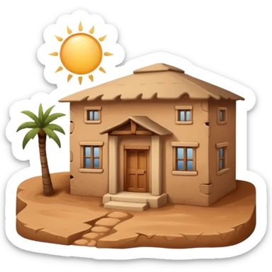 traditional mud building house, simple boxy shape, textured adobe or mud walls, small windows, authentic architectural details, front view sticker