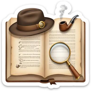 Icon for Detective Reading: an open book with text and a magnifying glass on the pages, a classic detective hat and a pipe, surrounded by clues like footprints, a revolver and a notepad. The icon should represent the mystery and intrigue of detective stories. Transparent background. sticker