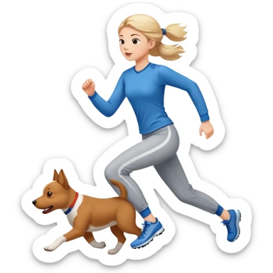 A beautiful girl with fair skin wearing sports long-sleeved shirt and long pants chasing a dog sticker