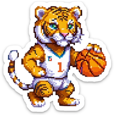 cartoon tiger playing basketball pixel art sticker