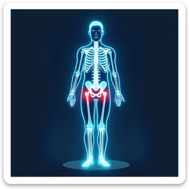 Medical illustration: glowing human body silhouette with highlighted joints, cool blue and green healing energy radiating outward, red inflammation areas being neutralized by blue light, clean clinical aesthetic, futuristic background sticker