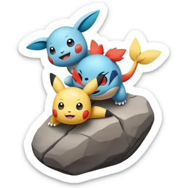 Two Pokémon characters working together — one is helping the other climb onto a small rock. Both look joyful and kind, with a bright, cheerful cartoon emoji style. sticker