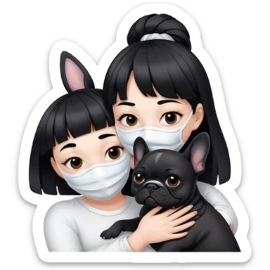 girl with short black straight bangs hair wearing a white mask and hugging one black French bulldoge  sticker