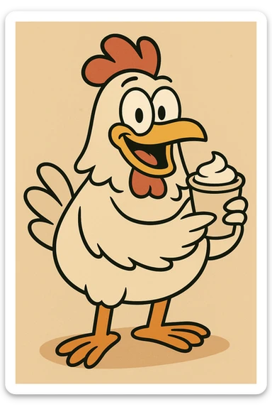 cartoon chicken holding a cup of cream, cheerful, no text sticker