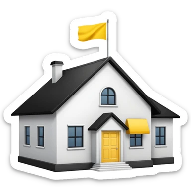 simple school, white background, magic school, black roof, with a big flag, big flag on a roof, big yellow flag, white school sticker