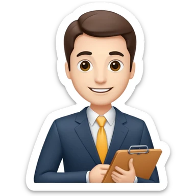 car salesman with a clipboard, cheerful expression, suit sticker