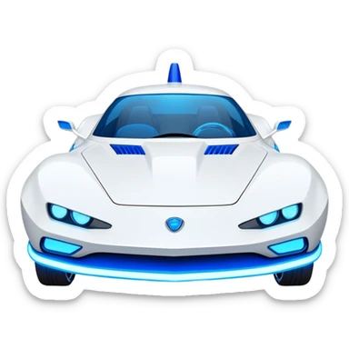 Futuristic retro hover white car with very sharp angular design and intense glowing blue wheels, direct front view showing headlights, flat vector style, minimal color palette with blue accents sticker