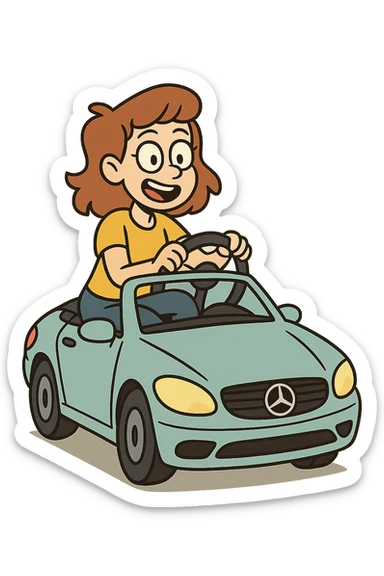 cartoon style, cheerful colors, girl riding a Mercedes car, transparent background sticker